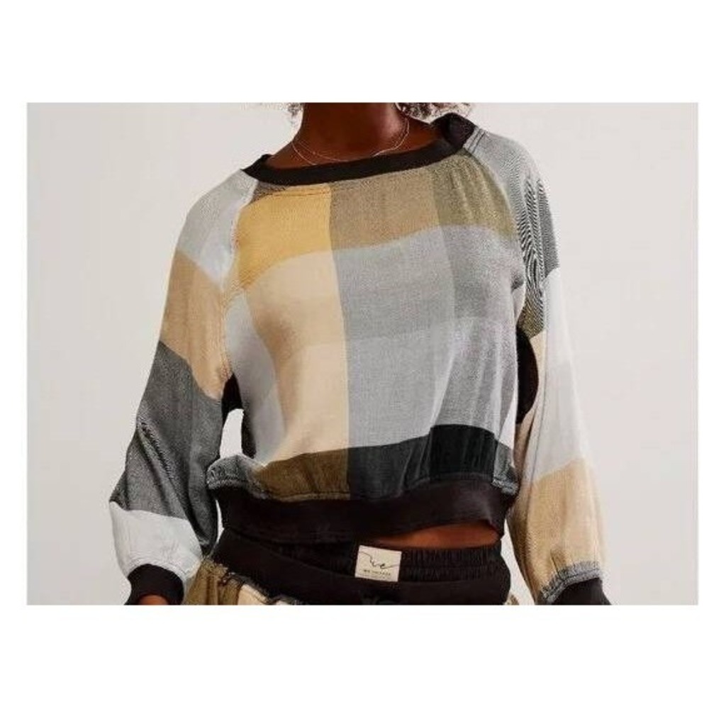 Free People Intimately Sugar Cookie Plaid Pullover Top XS Neutral Combo NWT